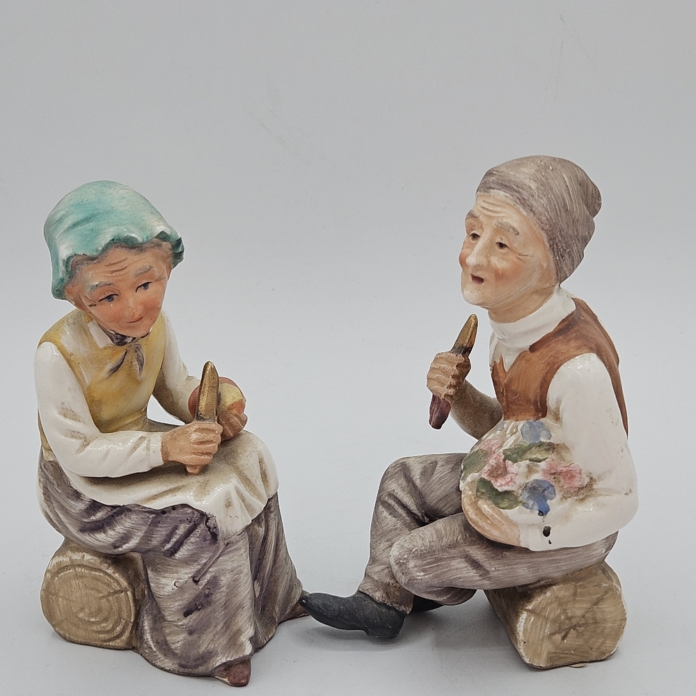 Ardco vintage ceramic woman peeling an apple and man with flowers figurine set